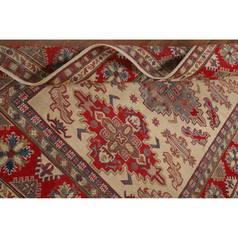 Geometric Kazak Area Rug Handmade Beige Wool Carpet - 4'10" x 6'6"