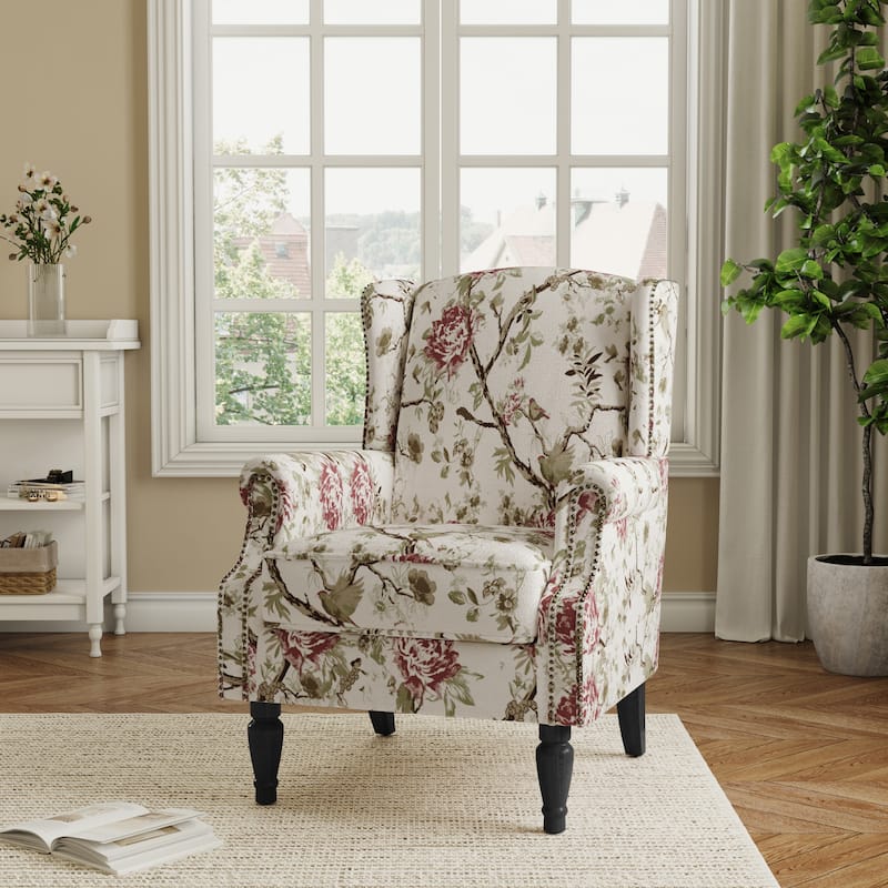 Traditional Floral Patterned Wingback Armchair with Nailhead Trim - Beige