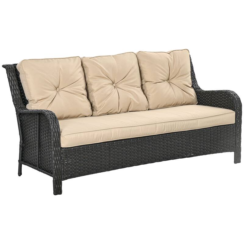 Outsunny 3-Seater Outdoor Sofa with 4" Thick Padded Cushions, PE Rattan Patio Outdoor Couch with Curved Armrests for Sunroom