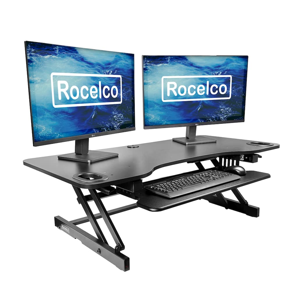 Rocelco 45 in. W Black Height Adjustable Standing Desk Converter with Triple Monitor Riser and Dual Piston Lift Mechanism