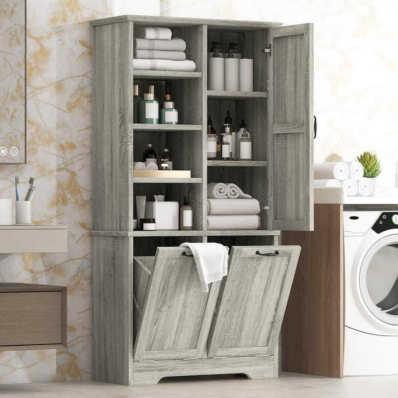 Bathroom Storage Cabinet - Tilt-Out Hamper, Adjustable Shelves & Drawers, Freestanding - Brown