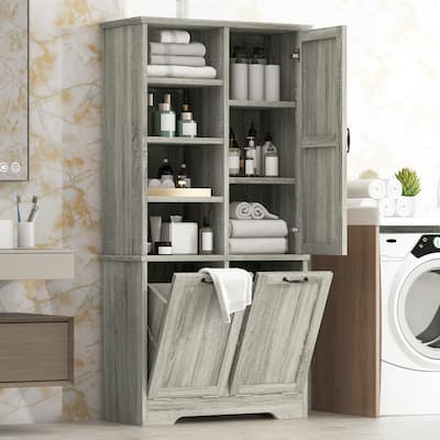 Bathroom Storage Cabinet - Tilt-Out Hamper, Adjustable Shelves & Drawers, Freestanding