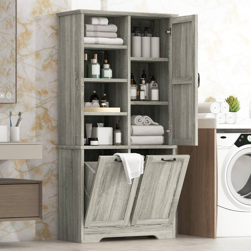 Bathroom Storage Cabinet with Doors and Drawers, Tilt-Out Laundry Hamper, Freestanding Style, Adjustable Shelf - Oak
