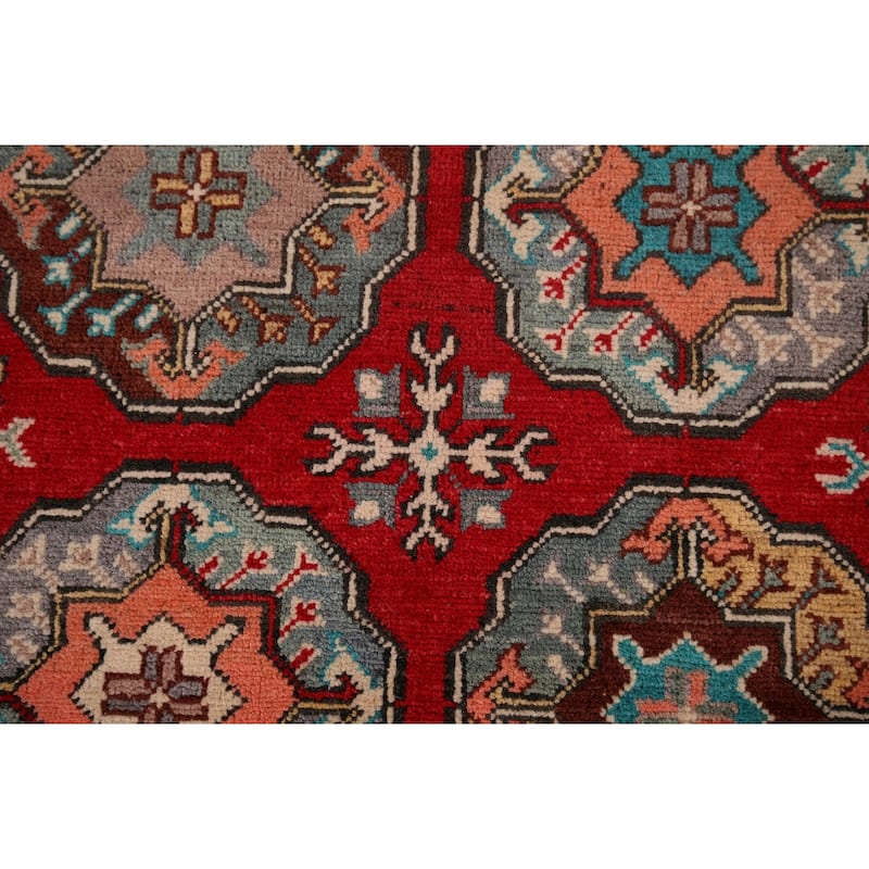 All-Over Red Geometric Kazak Area Rug Handmade Wool Carpet - 6'5" x 9'9"