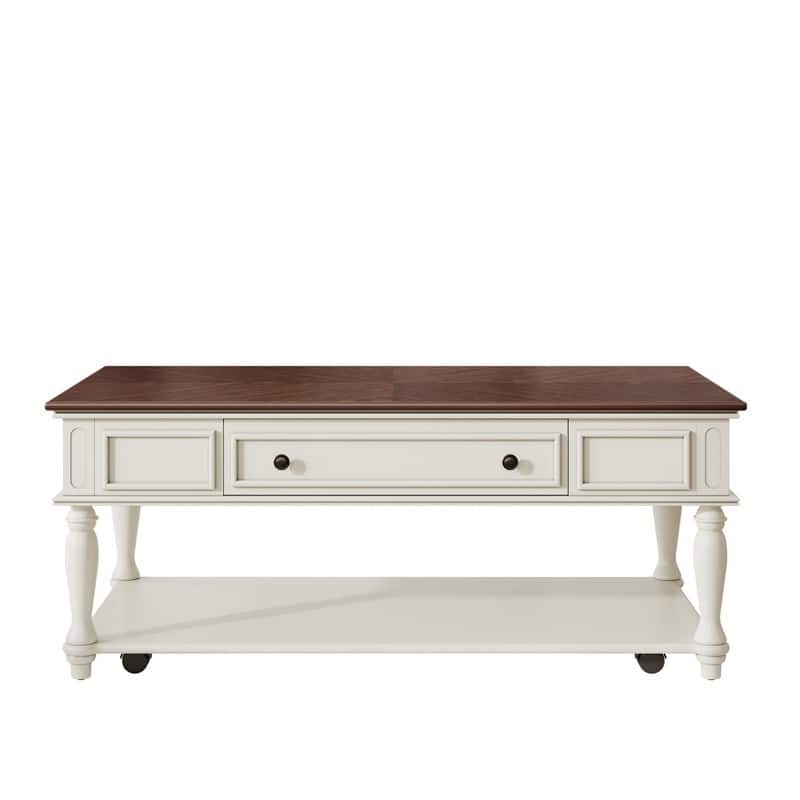 Farmhouse Coffee Table with One Drawer, Easy Assembly, Retro Movable Rectangular Cocktail Table with Lockable Wheels