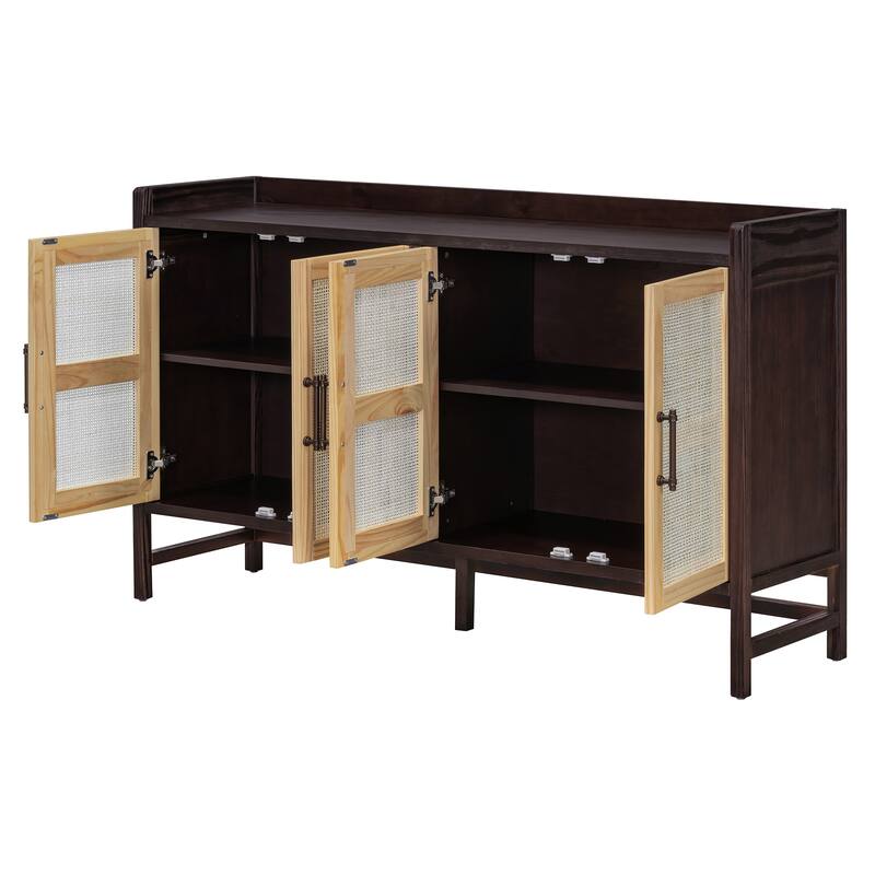 Rustic Decorative Rattan Doors Sideboard with Adjustable Shelves for Entryway