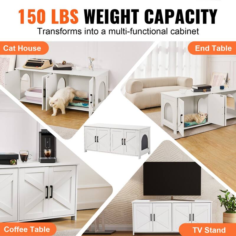 Multi-Functional Cat Litter Box Enclosure Furniture with 2 Windows and 4 Doors