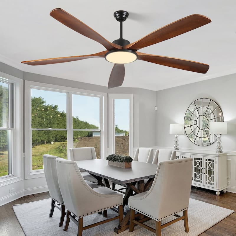 72-inch Large Outdoor Ceiling Fan with Remote Control and Light with Three-Color Dimming, 5 Reversible Wooden Blades