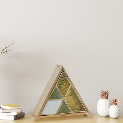 River of Goods Wood and Stained Glass Triangle Shade 11-Inch Accent Lamp - 13.5" x 4.5" x 11"