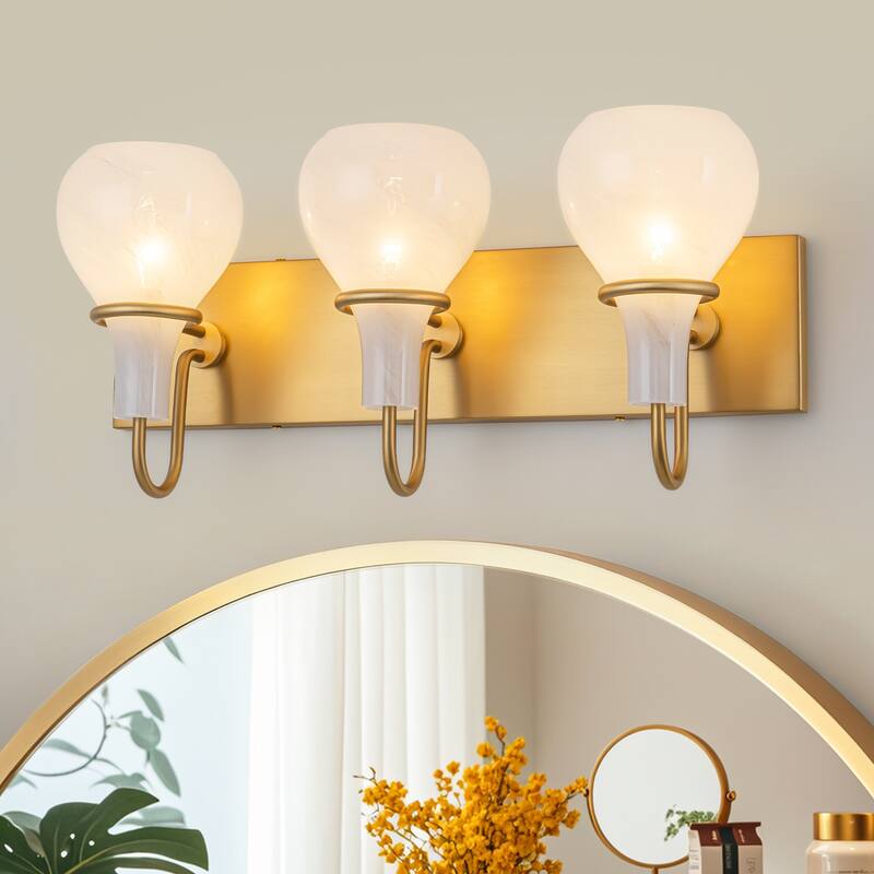 Modern Gold Vanity Light with Clouded Glass Bulb-Vase Shades Bathroom - 3-Light