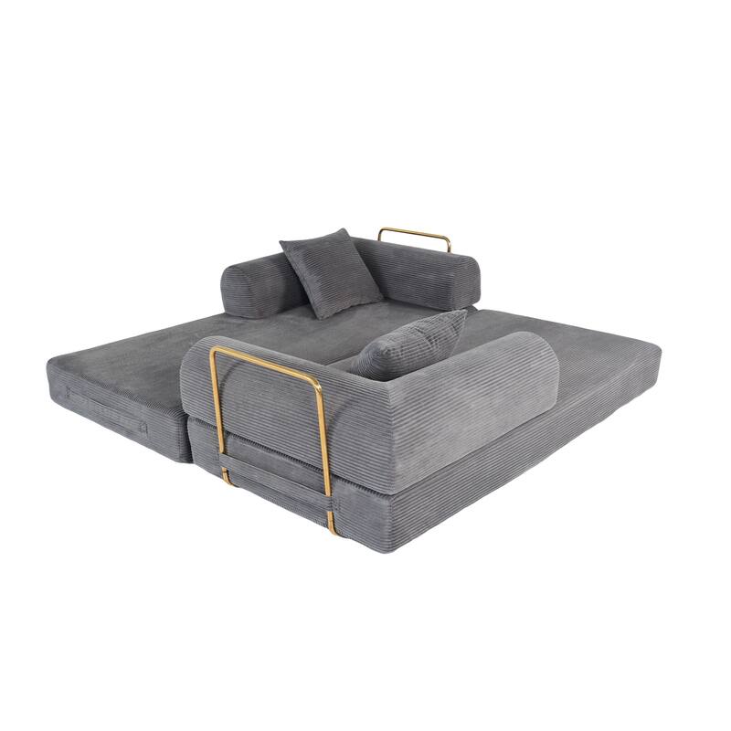 2-in-1 Convertible Floor Sofa Bed, Foldable Compressed Loveseat Lounge, Faux Fur Upholstered Cloud Boneless Couch with 2 Pillows