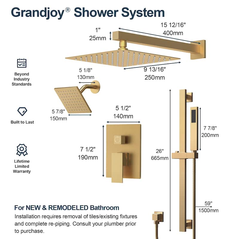 GRANDJOY Shower Faucet Set 10 and 6 inch Wall Mount Rainfall Dual Shower Heads with Handheld Shower Spray Combo High Pressure