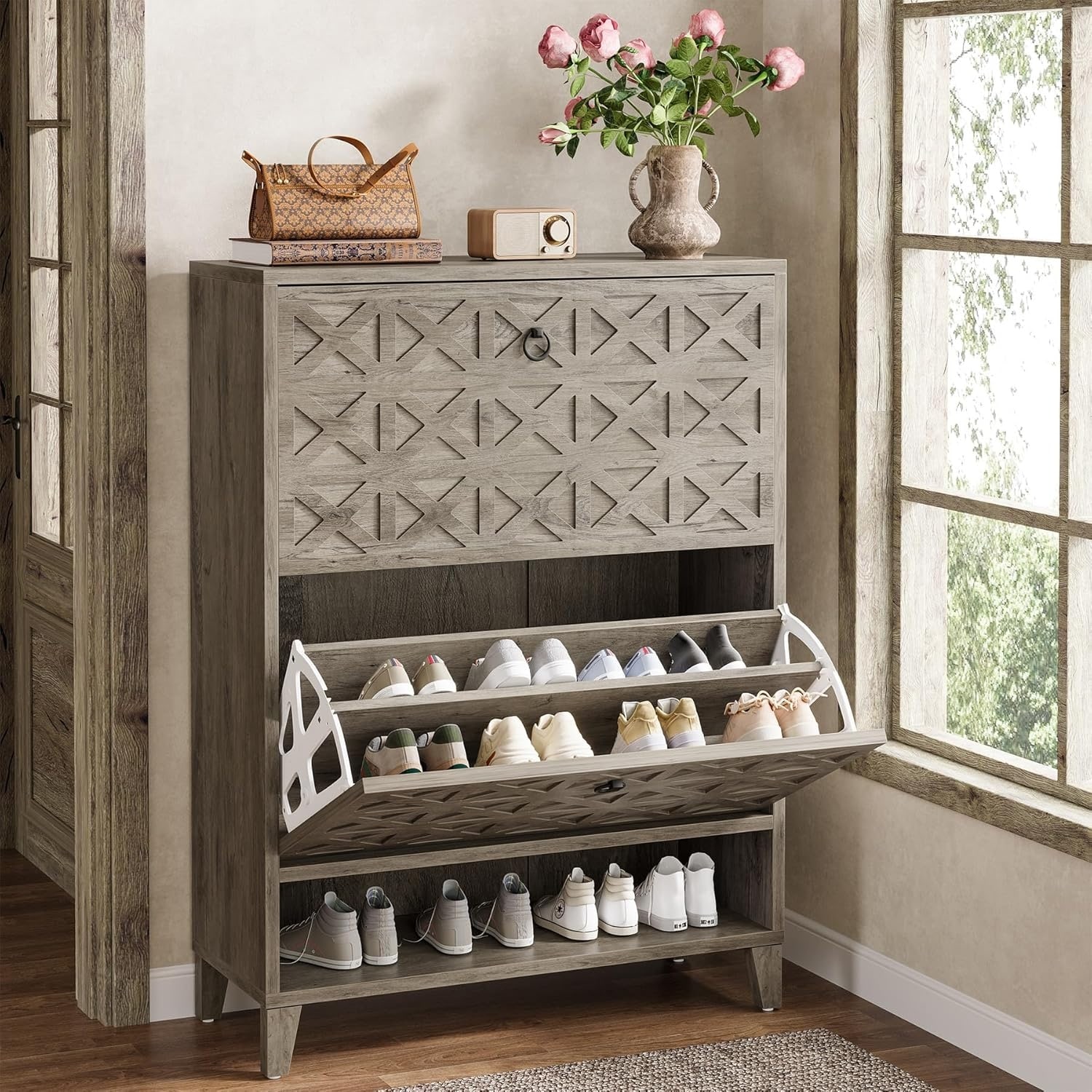 Shoe Cabinet with 2 Flip Drawers, Narrow Shoe Storage Organizer