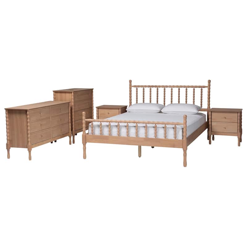 Laurent Bamboo-Style 4-Piece Bedroom Set - Spindle Platform Bed with Matching Dresser, Chest, and Nightstand, Queen - 5 Piece - Beech Brown, 5-Piece