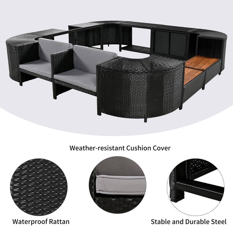 Outdoor Rattan Spa Frame Conversation Sofa Set with Storage & Wooden Bench