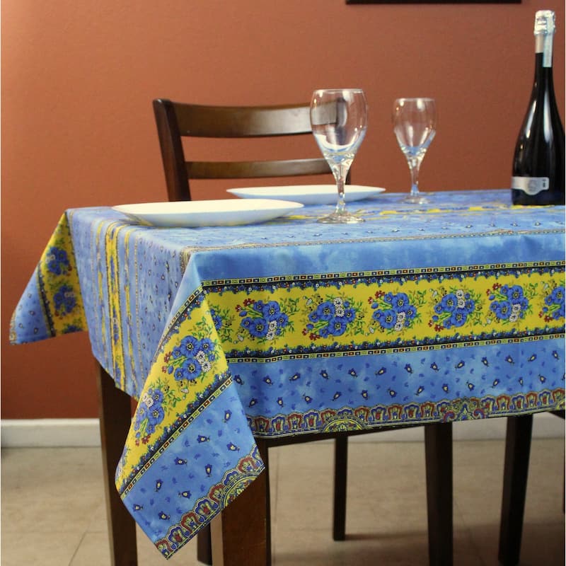 Wipeable Spill Resistant Provencal Cotton Cannes Collection Tablecloth - 52 x 52 in - Blue Floral Stripes