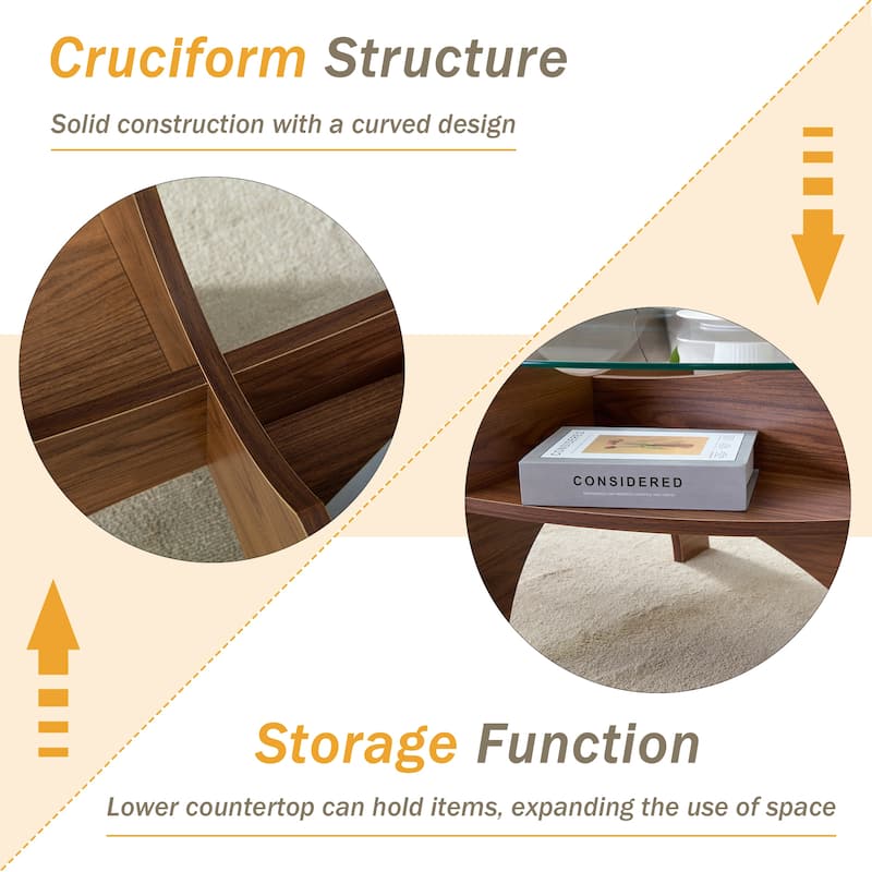 GDFStudio Elowen Tempered Glass Coffee Table with Wood Legs and Multi-Functional Design