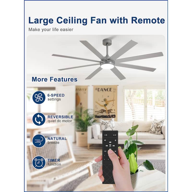 Large Ceiling Fan with Light - 8-Blade, Remote App Control, Dimmable 3CCT, Quiet DC Motor​, 66/72 Inches