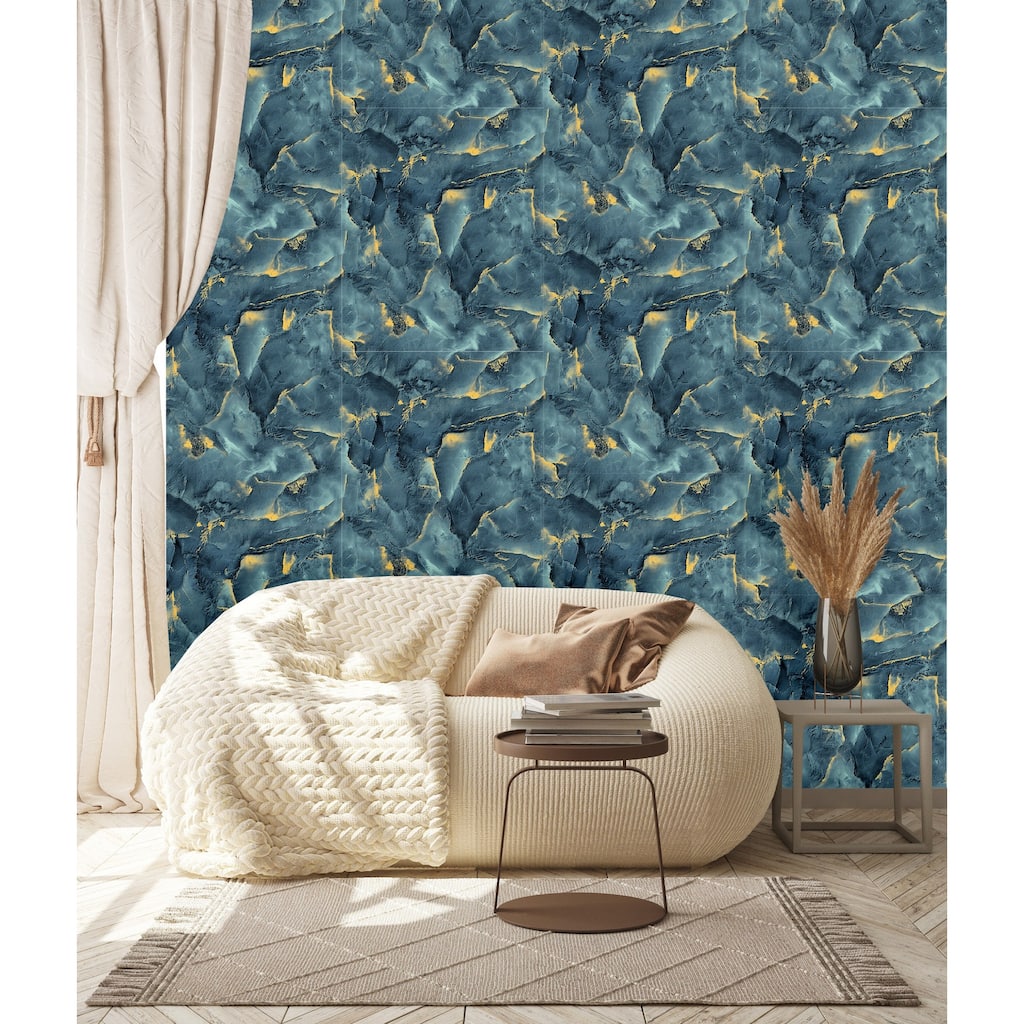 Blue Gold Stone-Look, Art Deco Smooth Fabric-Feel Embossed Classic Wallpaper, Lustrous 3D - Double Roll