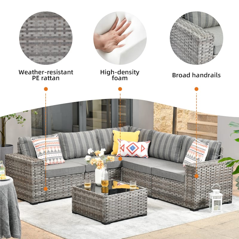 OVIOS Patio Wicker Furniture Wide Arm 6-piece Set with Table
