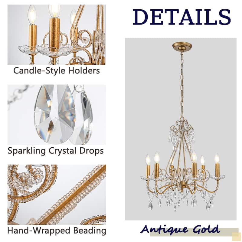4/6-Lights Vintage Small Candlestick Crystal Chandelier in Antique Gold
