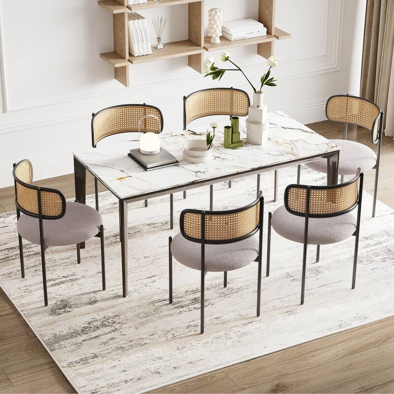 Modern Upholstered Dining Chairs Set of 4,Rattan Back Dining Room Chairs,Accent Kitchen Chairs with Metal Legs