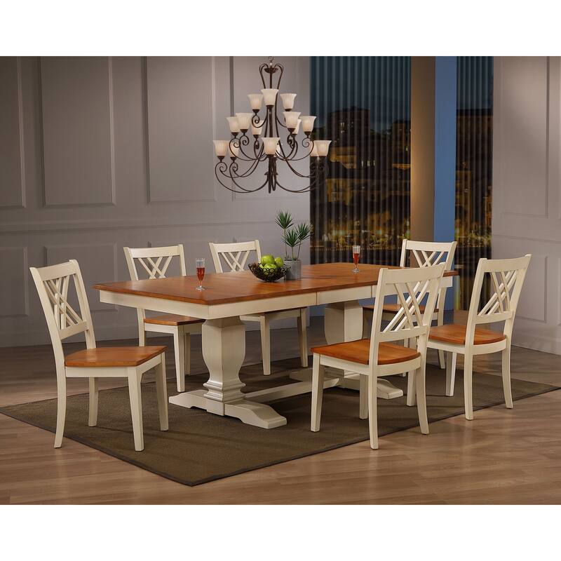 Double Transitional Pedestal Caramel/Biscotti Double X-Back 7-Piece Dining Set