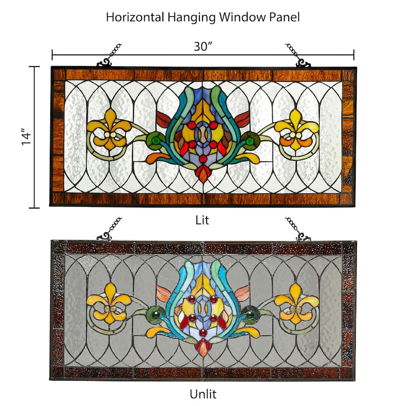 River of Goods Fleur De Lis Stained Glass Pub Window Panel - 30"L x 0.25"W x 14"H