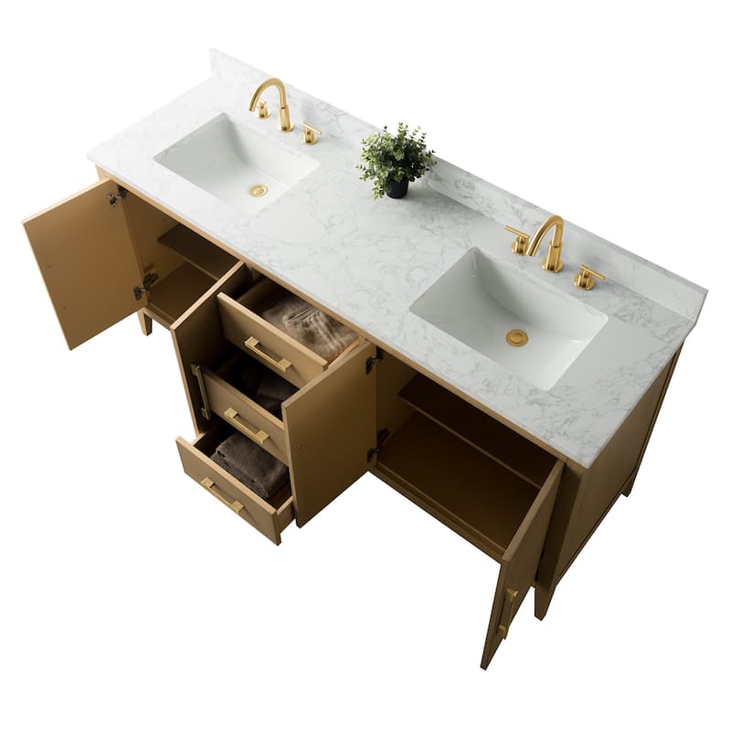 Vanity Art 72" Double Sink Bathroom Vanity Cabinet with Engineered Marble Top