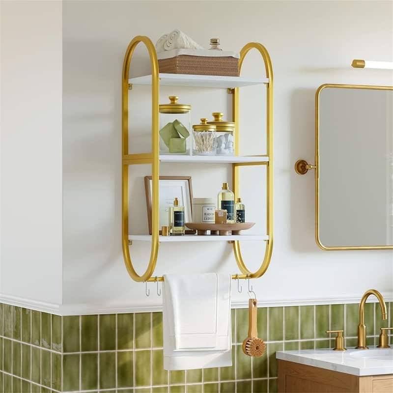 3 Tier Wood Wall Shelves for Bathroom with Golden Metal - 9.5"D x 16"W x 30"H - 9.5"D x 16"W x 30"H - White+gold