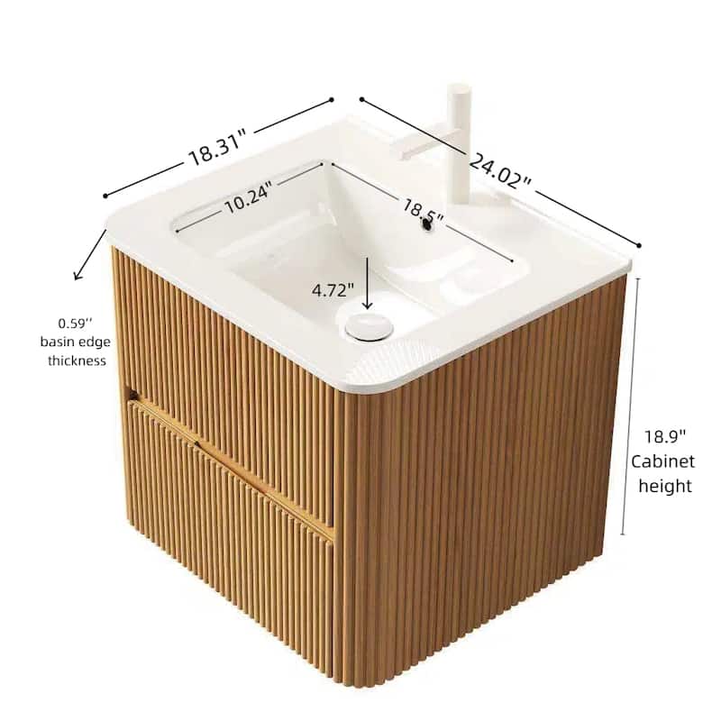 24" Bathroom Vanity with Sink, Wall-Mounted Floating Plywood Striped Bathroom Storage Cabinet with 2 Drawers