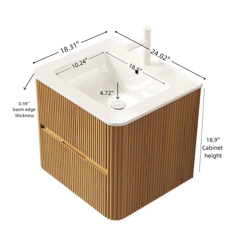 24" Floating Bathroom Vanity with Sink - Cabinet with 2 Drawers & Ceramic Basin, Wall-Mounted (Faucet Not Included)