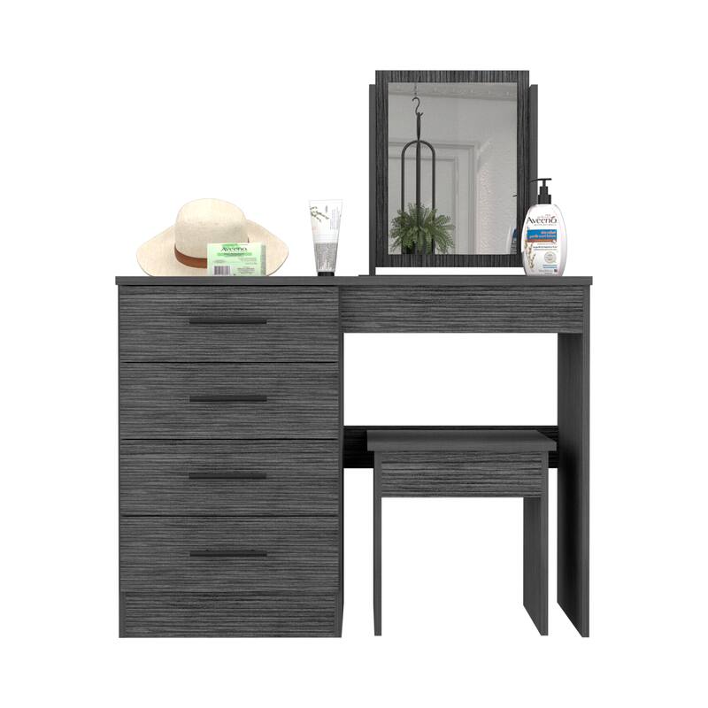 Compact Makeup Dressing Table with Storage Drawers, Mirror, and Stool in Smoke Grey Finish for Modern Bedrooms