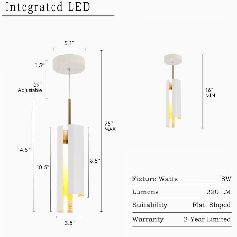 Black White 1-Light Modern Brass Gold LED Pendant Light Fixture for Kitchen Island - 3 x 3 x 14.3