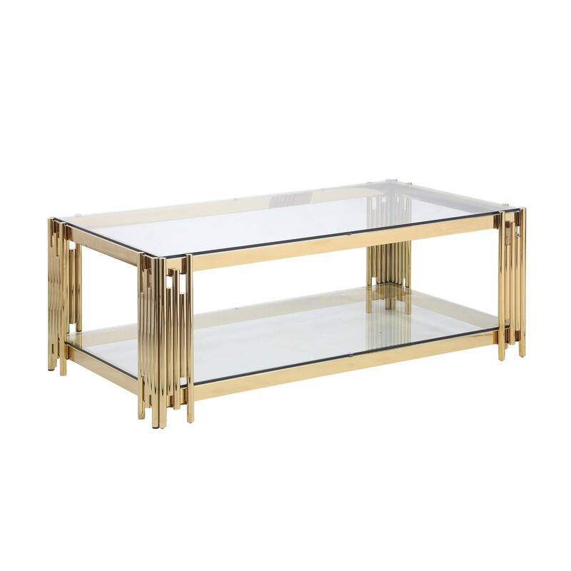 48" Wide Rectangular Coffee Table with Glass Top and Golden Stainless Steel Frame