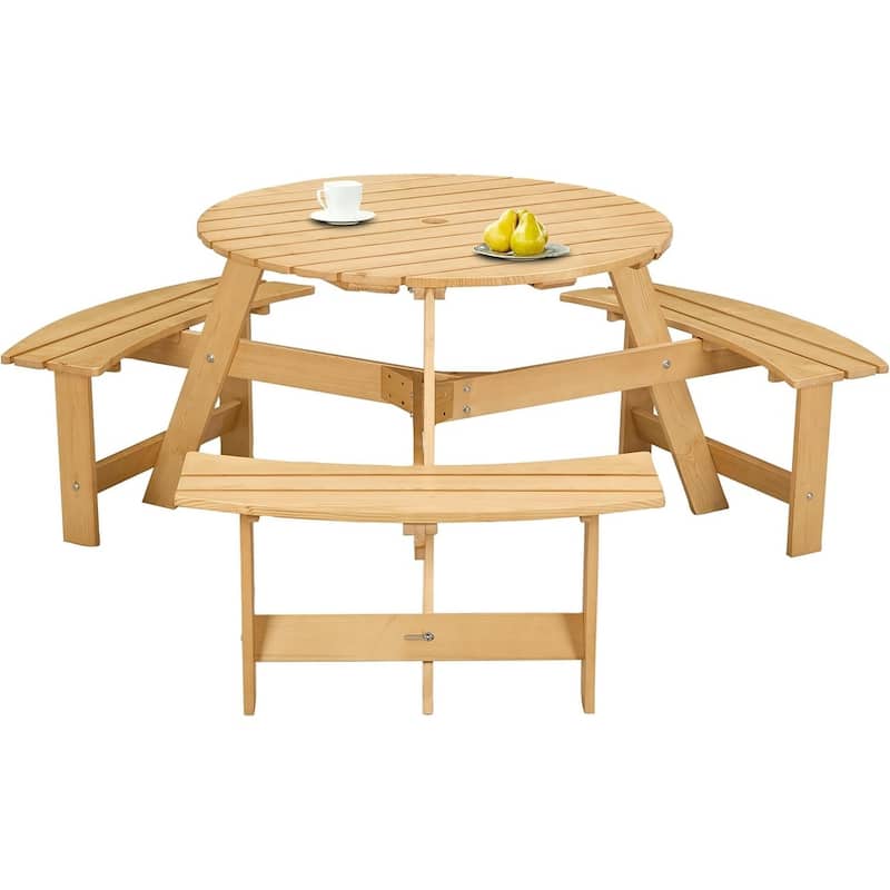 Roomfitters Outdoor 6 Person Picnic Table, 6 person Round Picnic Table with 3 Built-in Benches, Natural