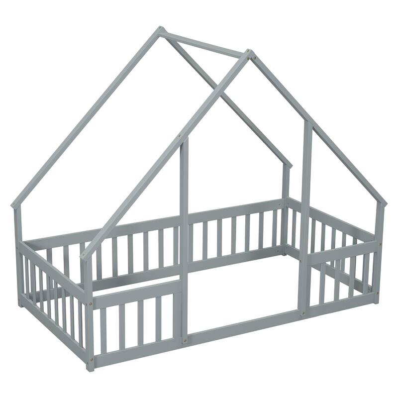 Twin Size Wood House Floor Bed with Fence and Guardrails