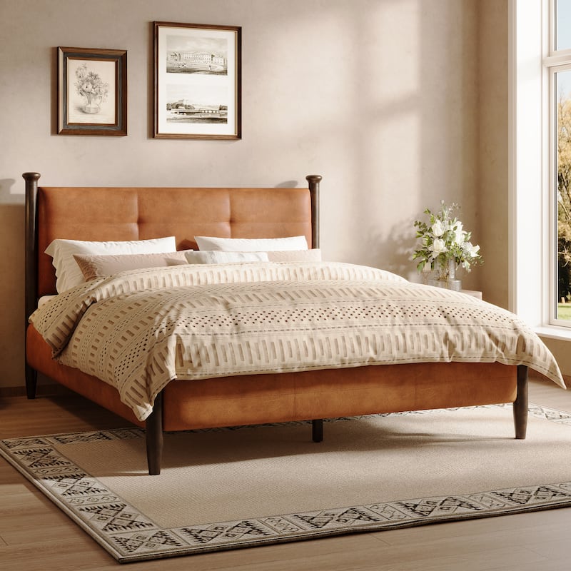 Christopher Knight Home - Sagemont PU Leather Upholstered Platform Bed with Tufted Headboard & Solid Wood Legs - Brown - Queen