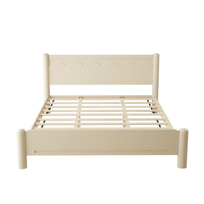 King Size Solid Wood Platform Bed with Headboard, 10 Wooden Slats Support, No Box Spring Needed, Beige Finish