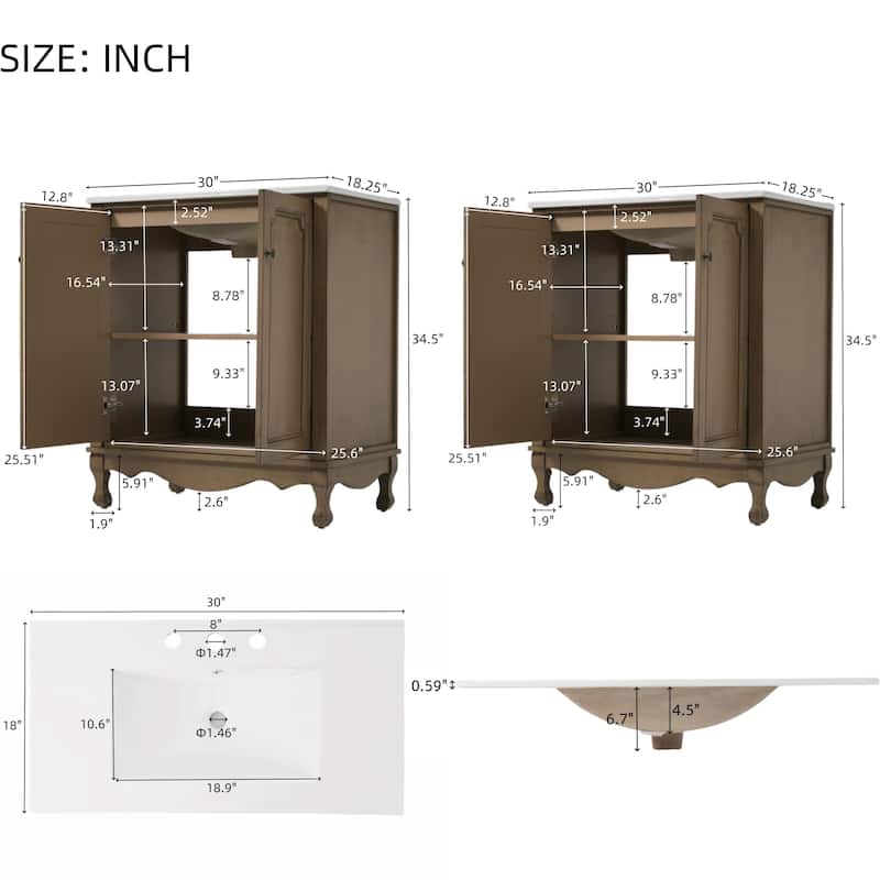 30-Inch Vintage Bathroom Vanity, Rectangle Ceramic Sink, 2 Doors, Solid Wood Legs and Adjustable Shelves