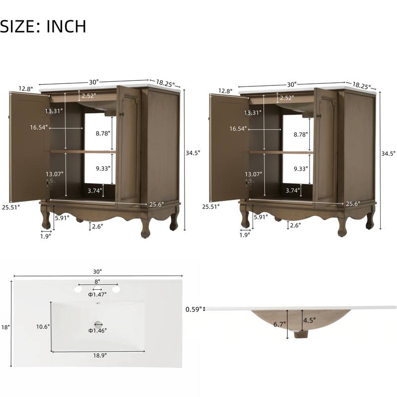 60" Double Sink Bathroom Vanity Set with Ceramic Sinks, Vintage Wood Storage Cabinet with Antique Knobs & Adjustable Shelves