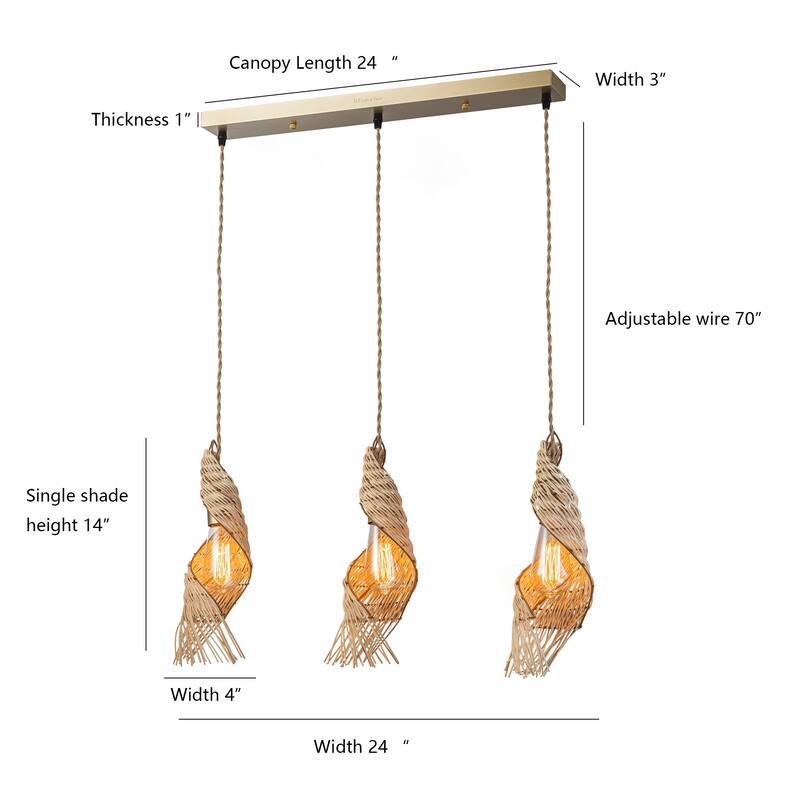 Dena 3-Light Modern Rattan Kitchen Island Pendant Light - 24 Inch Wide
