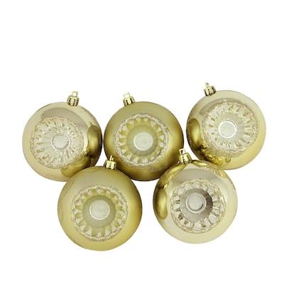 5ct Gold Retro Reflector Shatterproof Christmas Ball Ornaments 3.25"