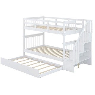 Functional Design Wood Bunk Bed with Trundle, Storage Staircases and Guardrails for Safety Guaranteed, White