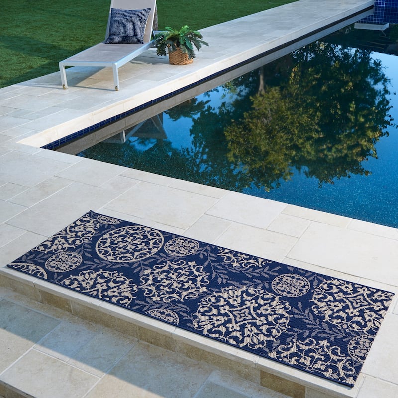 Gertmenian Solterra Bohemian Moroccan Global Weather Resistant Polypropylene Flatweave Indoor/ Outdoor Area Rug Collection - 2'2"x6' - Sovana Navy