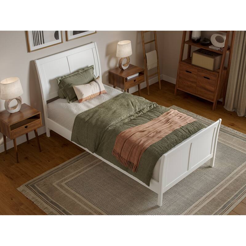 Twin XL Platform Bed Wood Sleigh Low Profile Bed Frame with Footboard - White Finish
