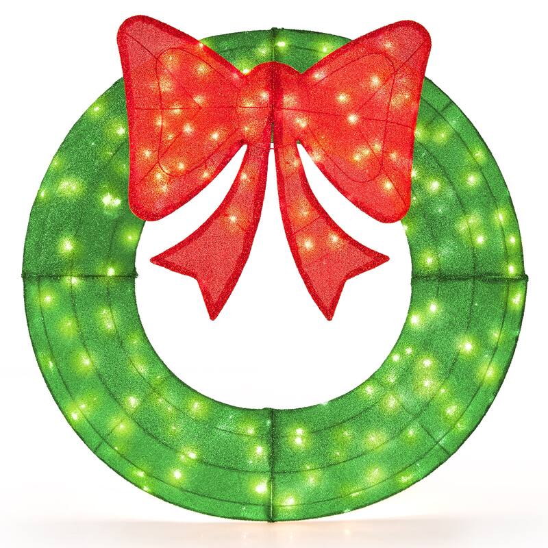 48 Inch Pre Lit Christmas Wreath with Large Red Bow and 200 LED Lights for Indoor Outdoor Holiday Decoration - Green - 29" x 30"