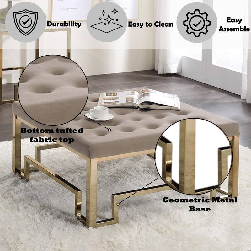 Damien Beige Fabric Cocktail Ottoman with Champagne Finish, Elegant Living Room Piece