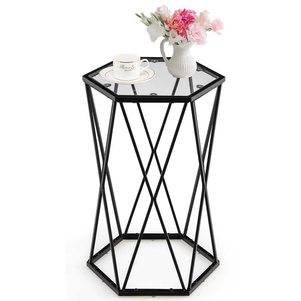 Costway End Table Tempered Glass Top Metal Frame Hexagonal Accent Side - 16''x 13.5''x 24''