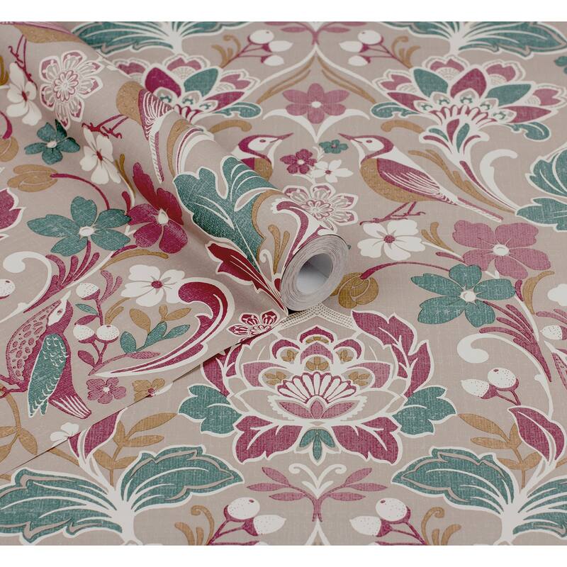 Arthouse Birdy Pink Nuthatch Floral Wallpaper